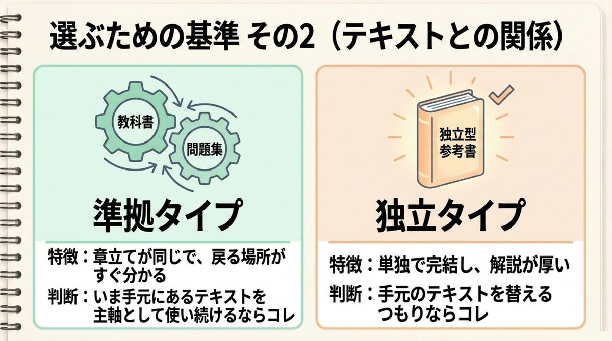 テキスト準拠タイプと独立タイプの特徴と、どちらを選ぶかの判断基準を比較した図解