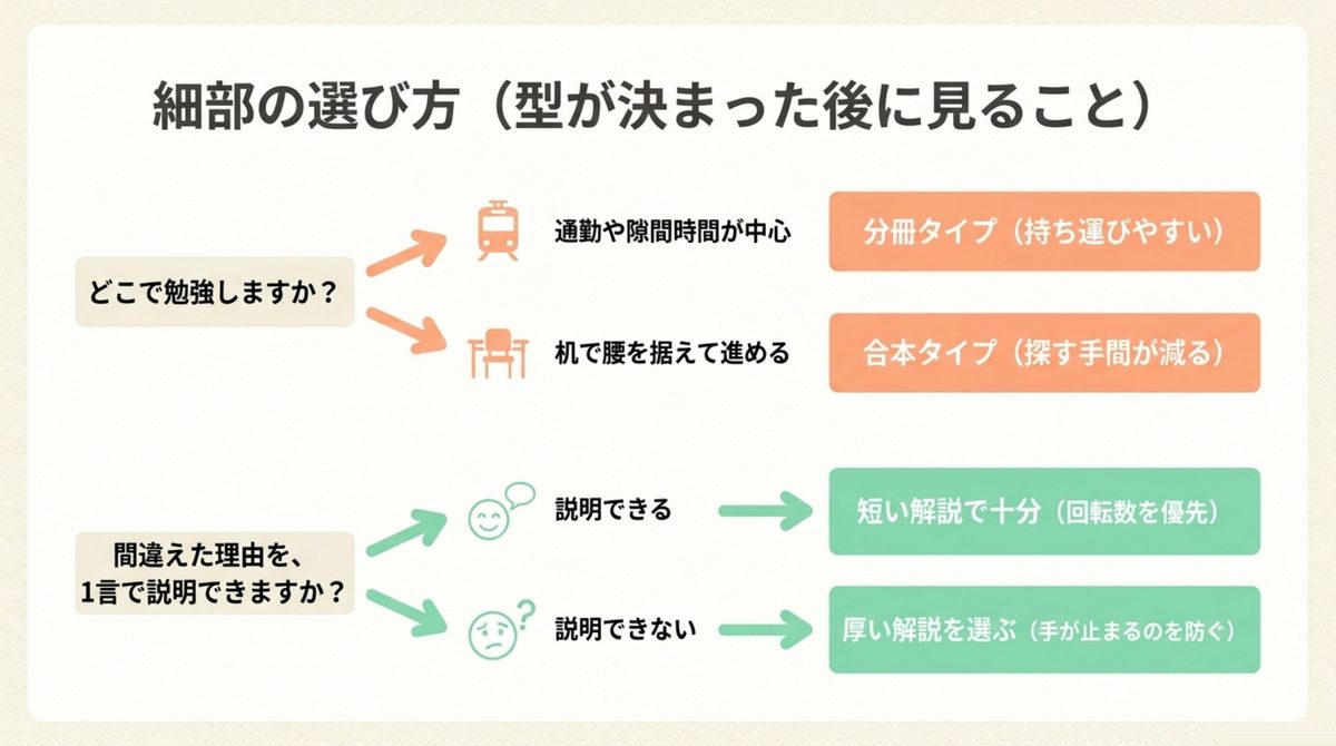 学習場所と間違えた理由の説明可否から、分冊か合本か・解説の厚さを決める手順を示した図解