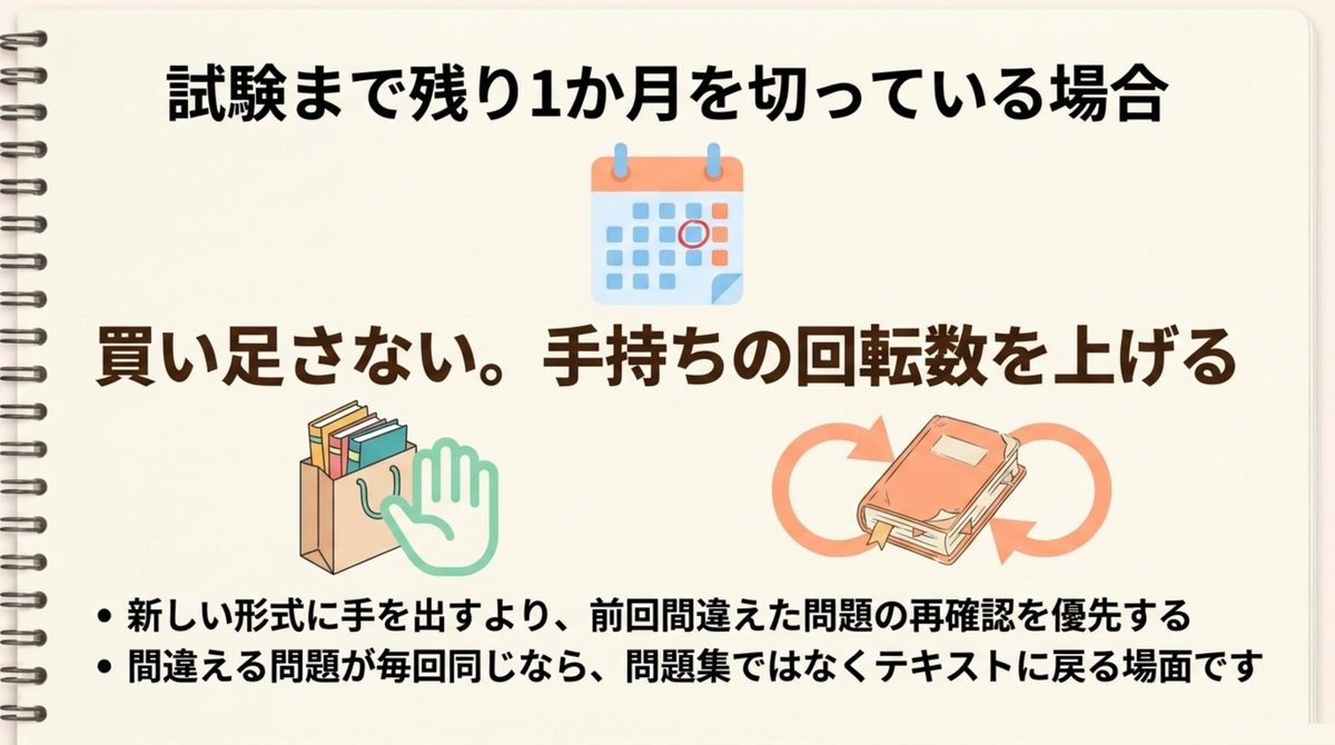 試験まで残り1か月を切った場合は買い足さず手持ちの回転数を上げる判断を示した図解