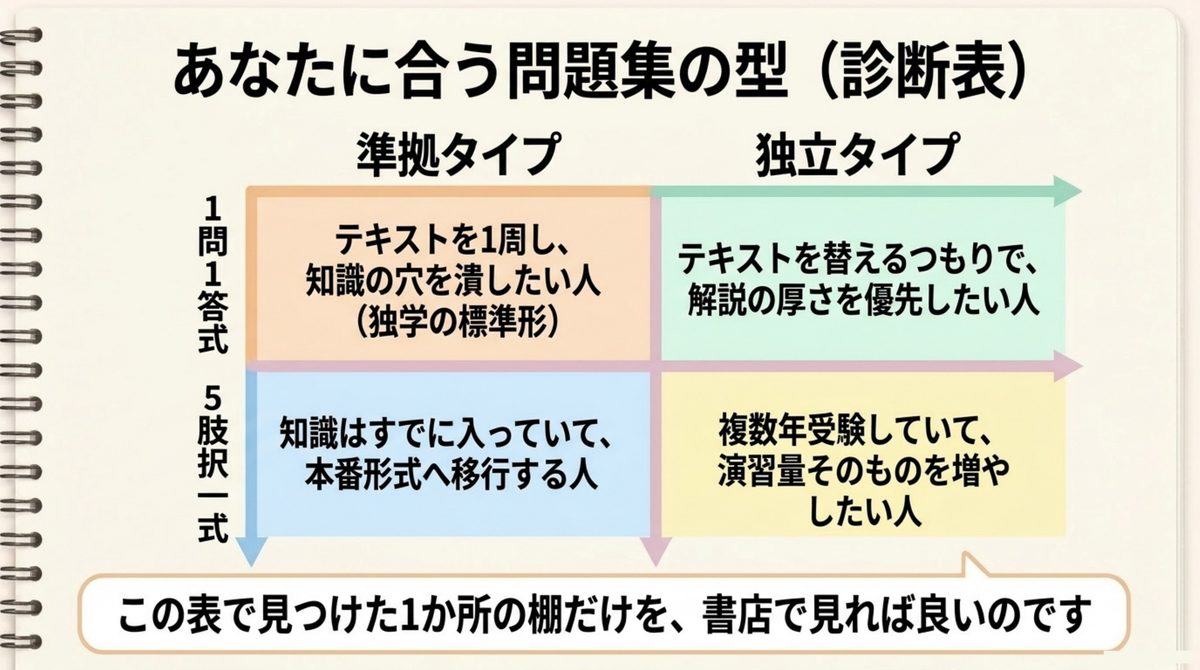 問題の形式とテキストとの関係の2軸を掛け合わせ、問題集の候補を4通りに整理した診断表