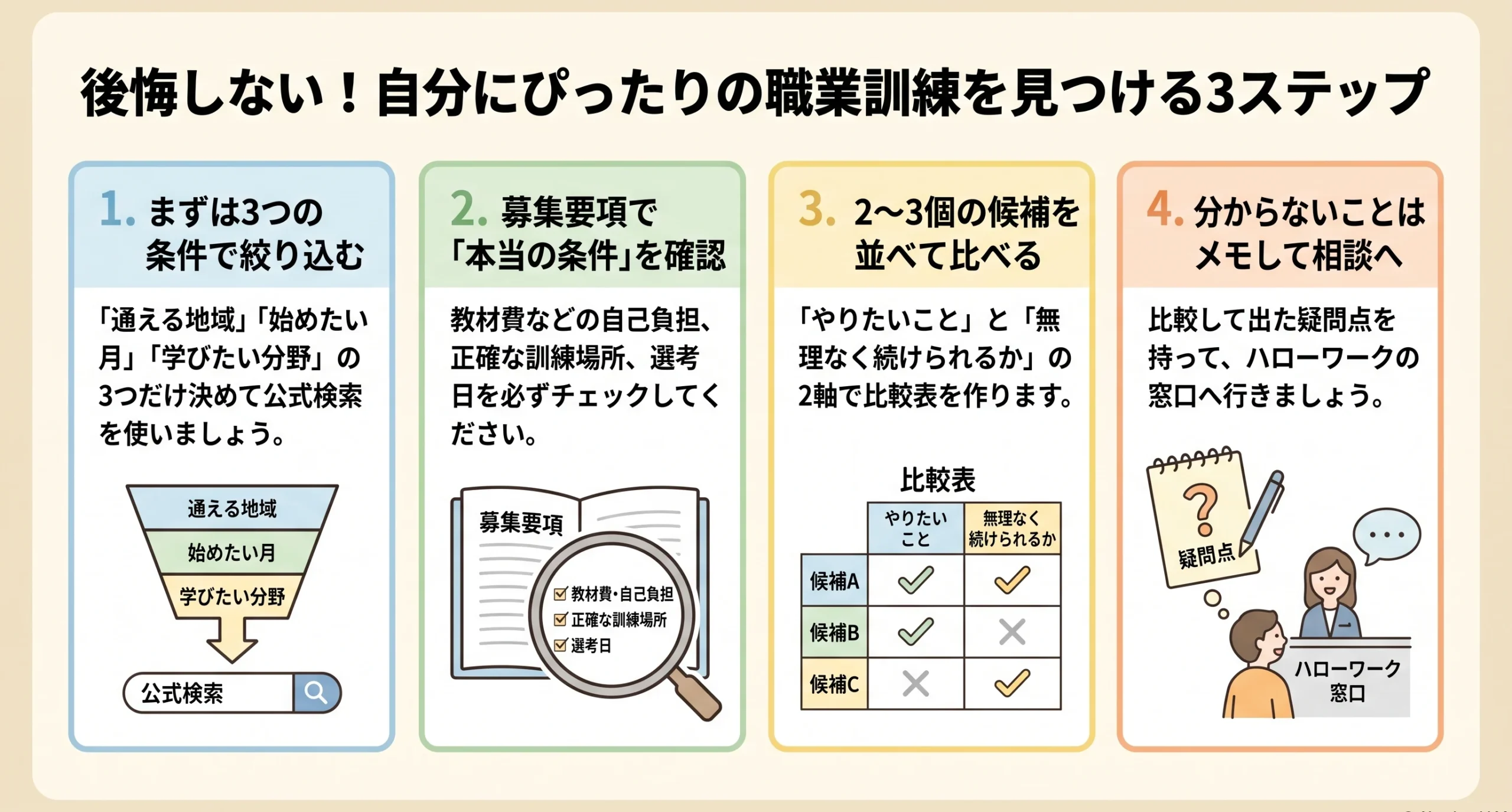 職業訓練を選ぶ四つの手順。地域と開始月と分野で絞り、募集要項を確認し、候補を比較してから相談する流れ