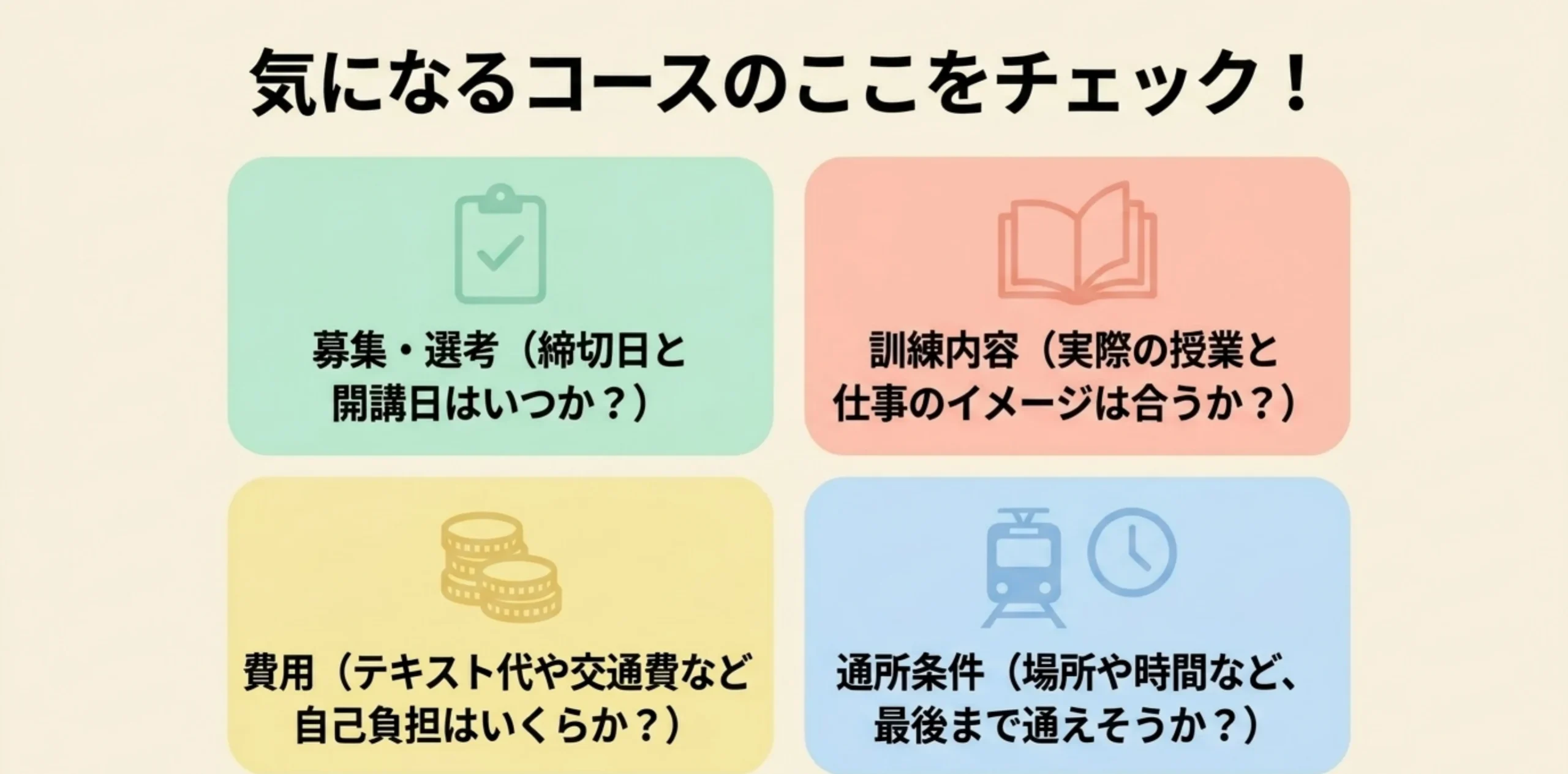 職業訓練の募集要項で確認する募集と選考、訓練内容、費用、通所条件の四項目
