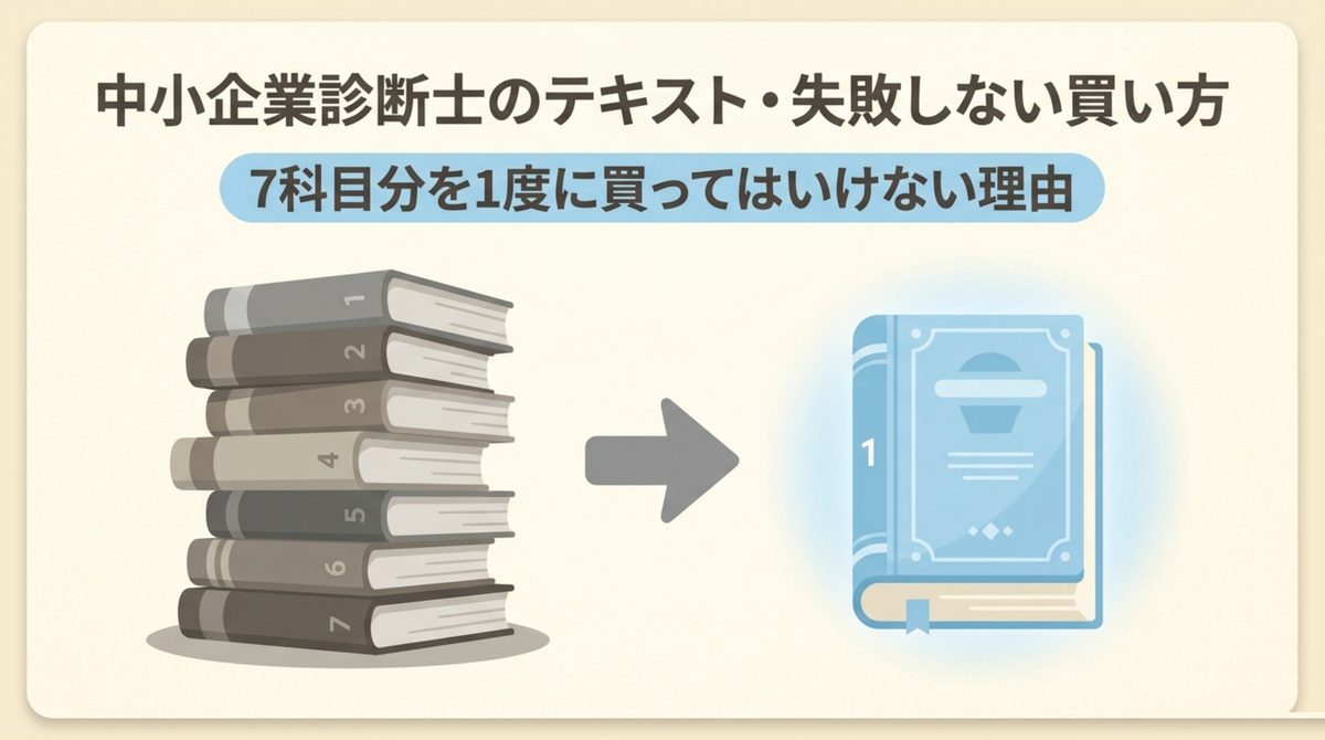 中小企業診断士試験のテキストを一度に買ってはいけない理由を5点にまとめたタイトル図