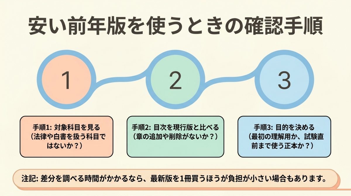 前年度版を買う前に対象科目・目次比較・使う目的・不足分の補い方を順に確認する手順の図