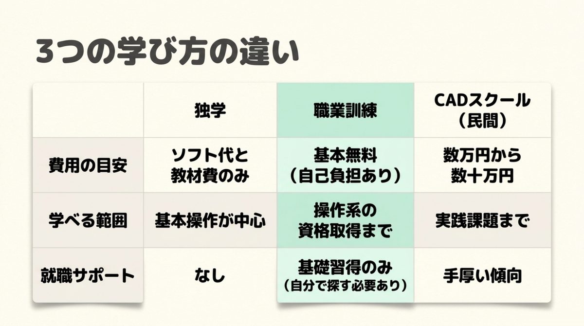 独学・職業訓練・CADスクールを費用の目安・学べる範囲・就職サポートの3項目で比較した図解