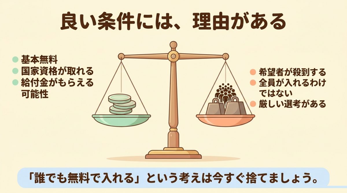 良い条件には、理由がある 基本無料・国家資格が取れる・給付金がもらえる可能性という好条件の裏に希望者が殺到する・全員が入れるわけではない・厳しい選考があるという理由があると天秤で示した図解