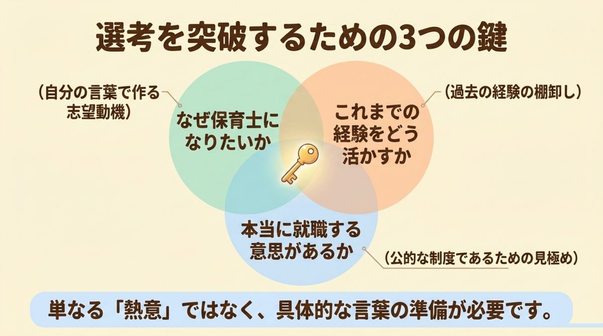 選考を突破するための3つの鍵 選考を突破するための3つの鍵としてなぜ保育士になりたいか・これまでの経験をどう活かすか・本当に就職する意思があるかを示した図解