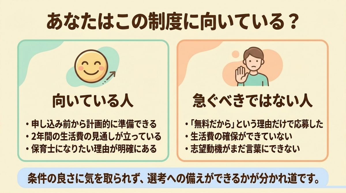 あなたはこの制度に向いている? この制度に向いている人と急ぐべきではない人の条件をチェック項目で対比した図解
