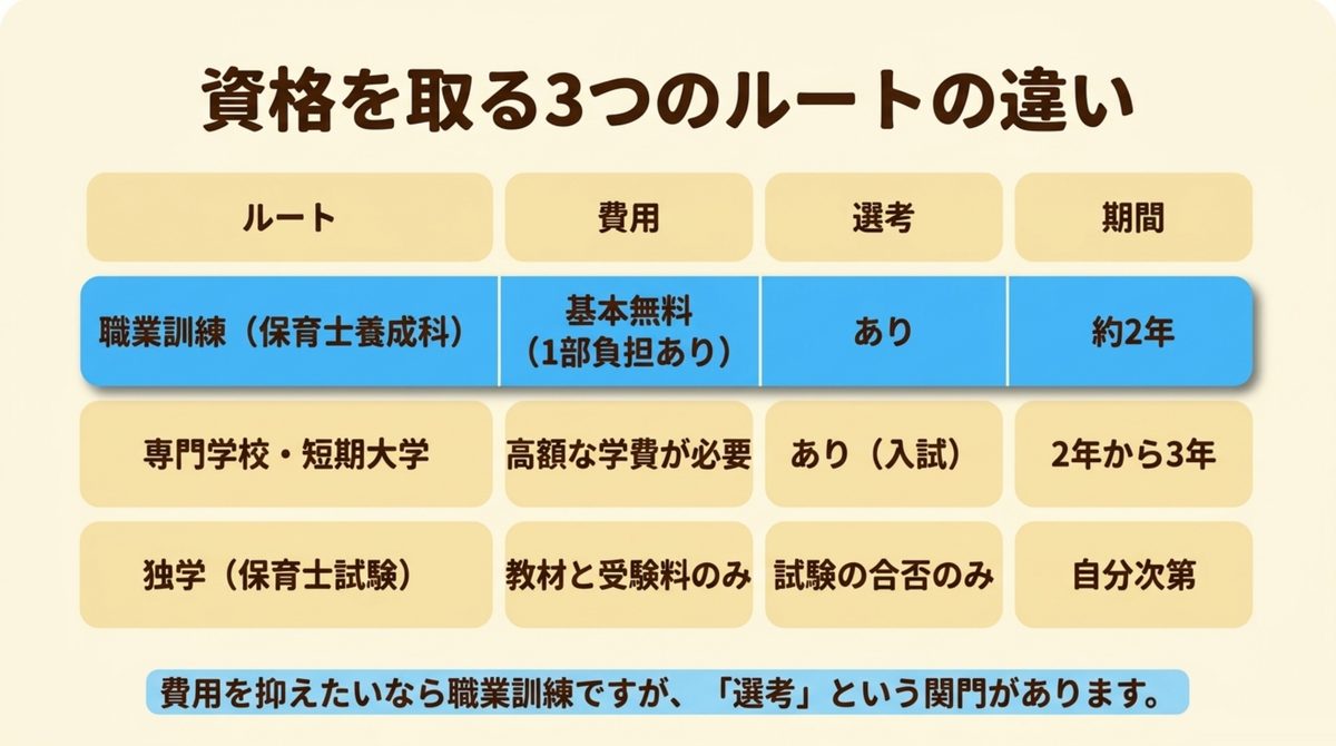 資格を取る3つのルートの違い 職業訓練の保育士養成科・専門学校短期大学・独学の保育士試験を費用・選考・期間の3項目で比較した図解