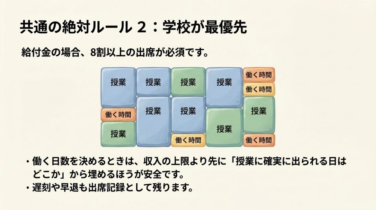 働く日数を決めるときに収入の上限より先に授業に確実に出られる日を埋める考え方を示した図解