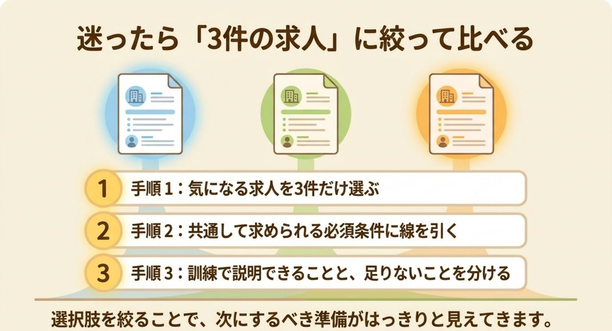 求人三件を比べる手順 気になる求人を三件に絞り、必須条件と訓練で説明できることを比べる三段階の図