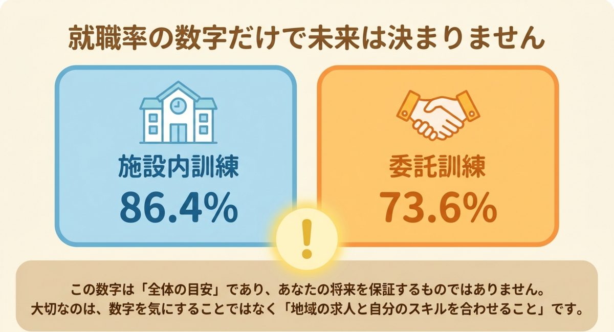 就職率を判断材料として読む図 公共職業訓練の施設内訓練86.4パーセントと委託訓練73.6パーセントの就職率を、個人の将来を保証する数値ではないと説明する図