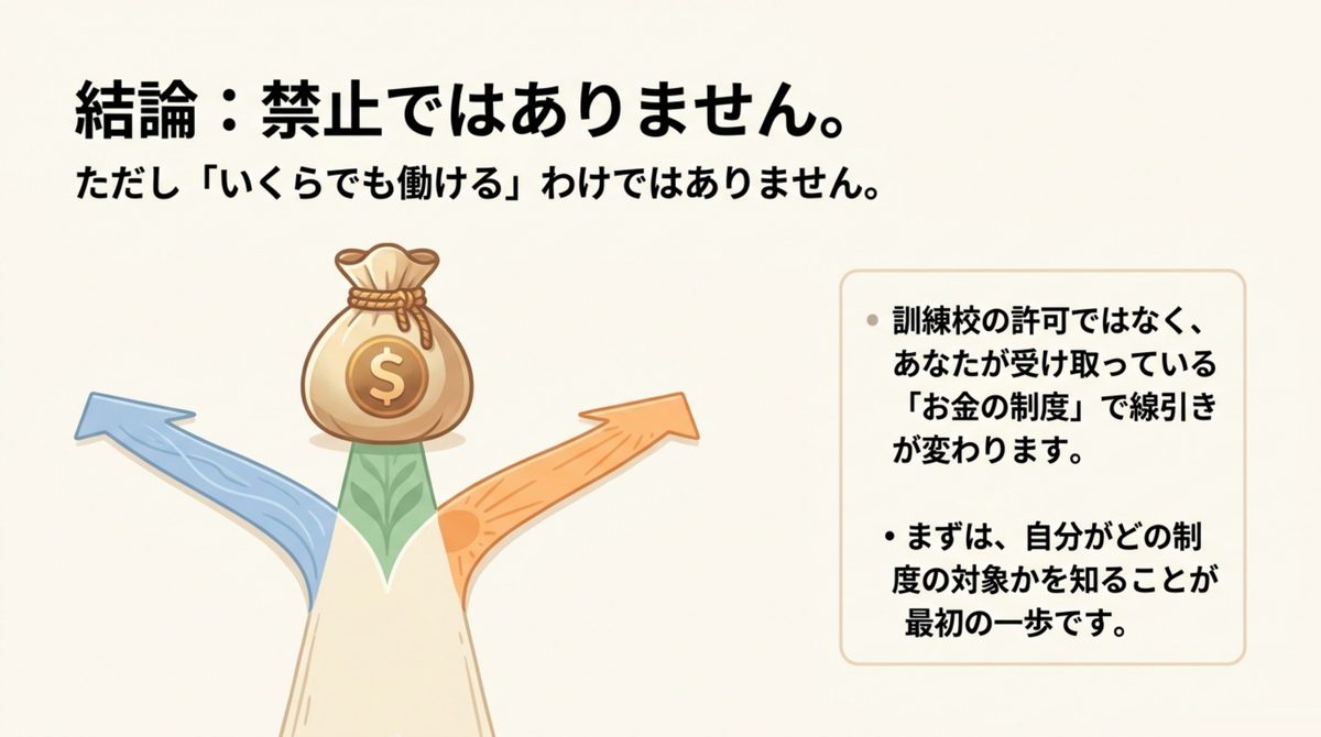 訓練校の許可ではなく受け取っているお金の制度で線引きが変わることを示した図解