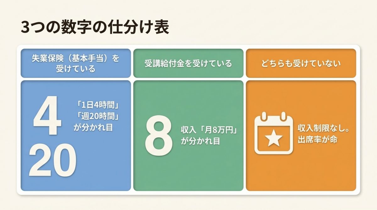1日4時間・週20時間・月8万円という3つの数字が、失業保険・受講給付金・給付なしのどれに対応するかを整理した仕分け表