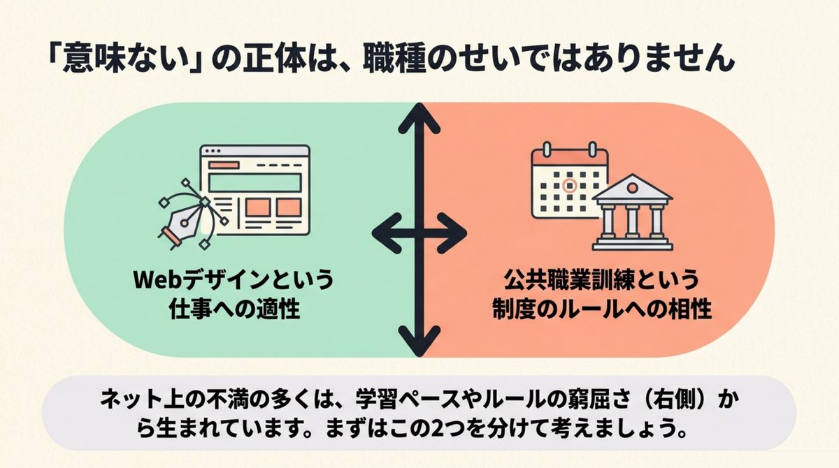 「意味ない」の正体は職種のせいではない 「意味ない」の正体はWebデザインという職種への適性ではなく公共職業訓練という制度のルールへの相性の問題だと示した図解