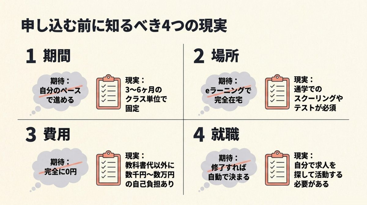 申し込む前に知るべき4つの現実 職業訓練Webデザインコースの期待と現実のギャップを期間・場所・費用・就職の4項目で整理した図解