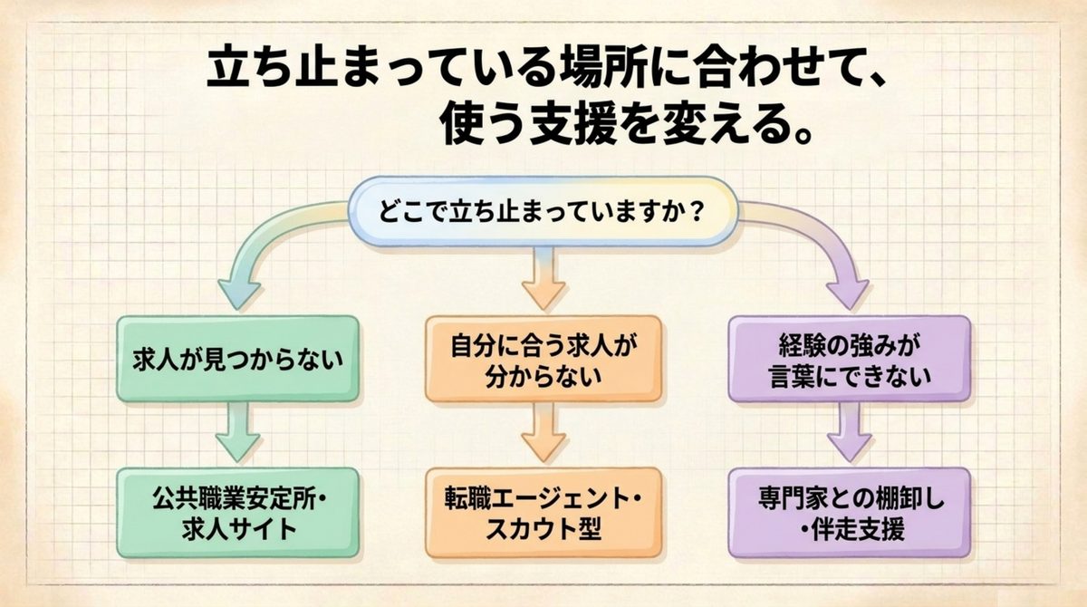 立ち止まっている場所ごとに使う就職支援を分ける分岐図