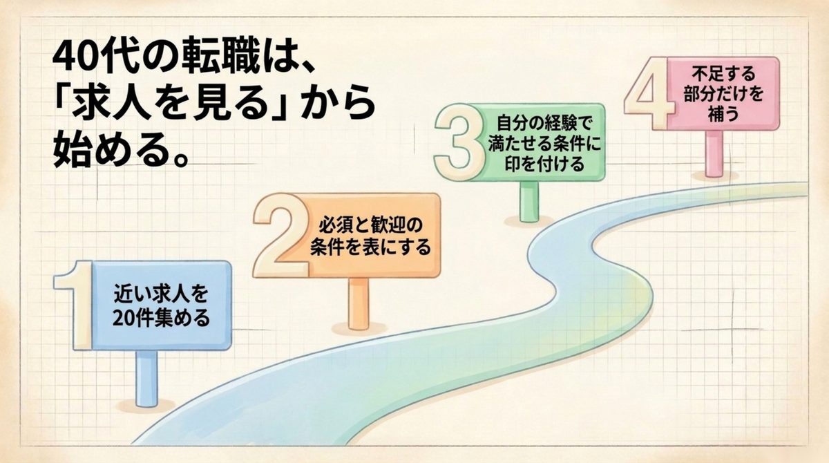 求人を20件集めて条件を表にする4ステップの手順図