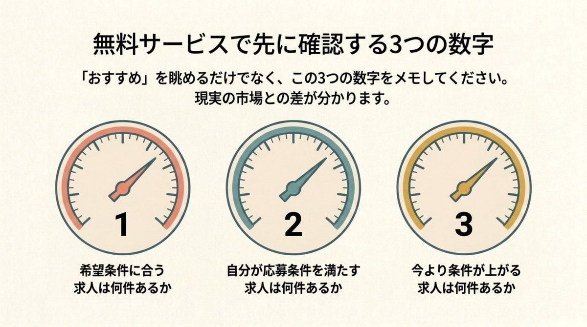 希望条件に合う求人と応募条件を満たす求人と条件が上がる求人の3つの件数を測る図