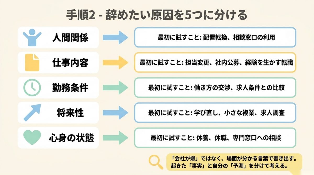 人間関係と仕事内容と勤務条件と将来性と心身の状態の5分類と最初に試すこと