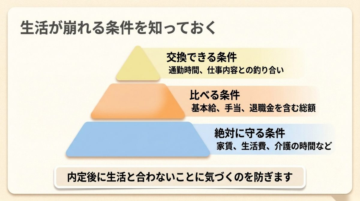 40代転職|生活が崩れる条件を先に知っておく 絶対に守る条件と比べる条件と交換できる条件の3層の図