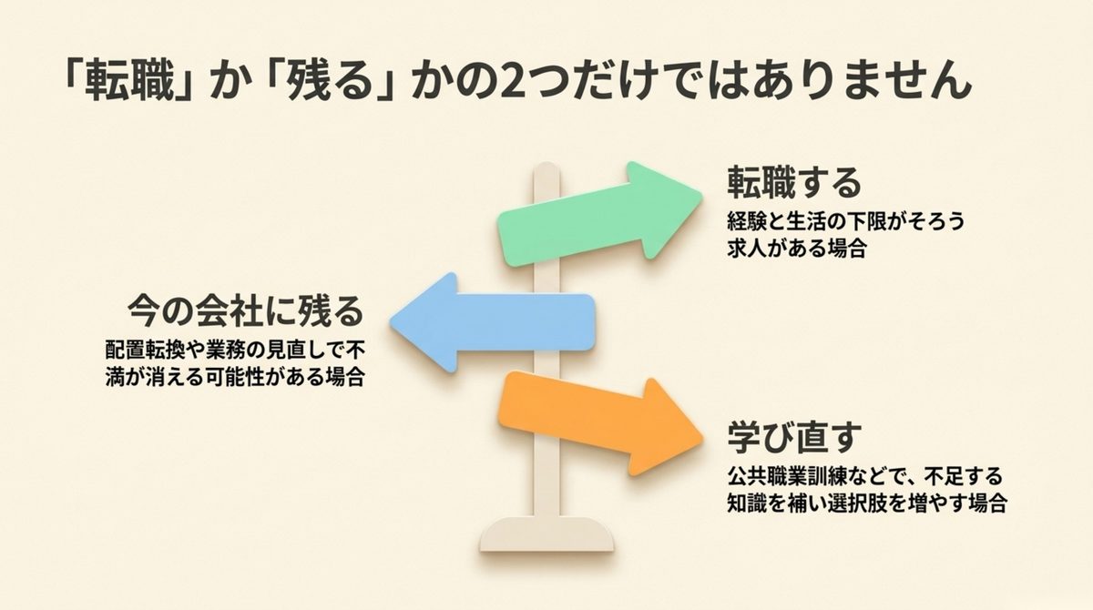 40代転職|転職か残るかの2択ではない 転職と現職に残ると学び直すの3方向を示した道標の図