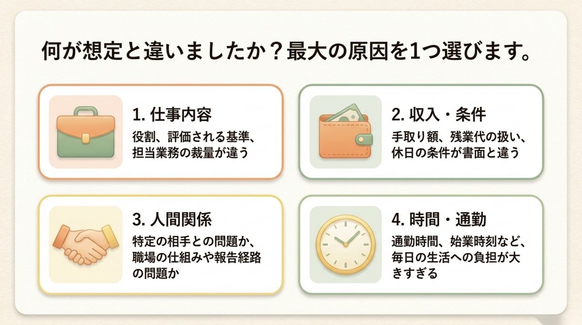 仕事内容・収入条件・人間関係・時間通勤の4原因を整理する図解