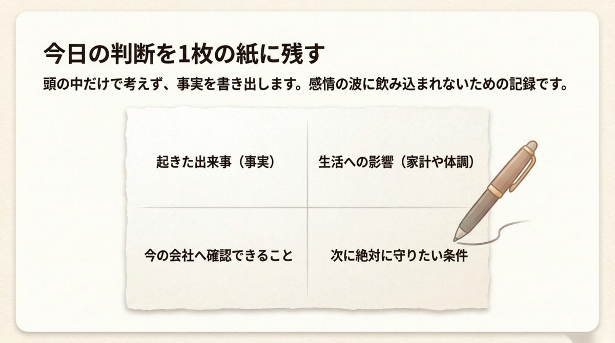 起きた事実・生活への影響・会社へ確認できること・次に守る条件を記録する図解