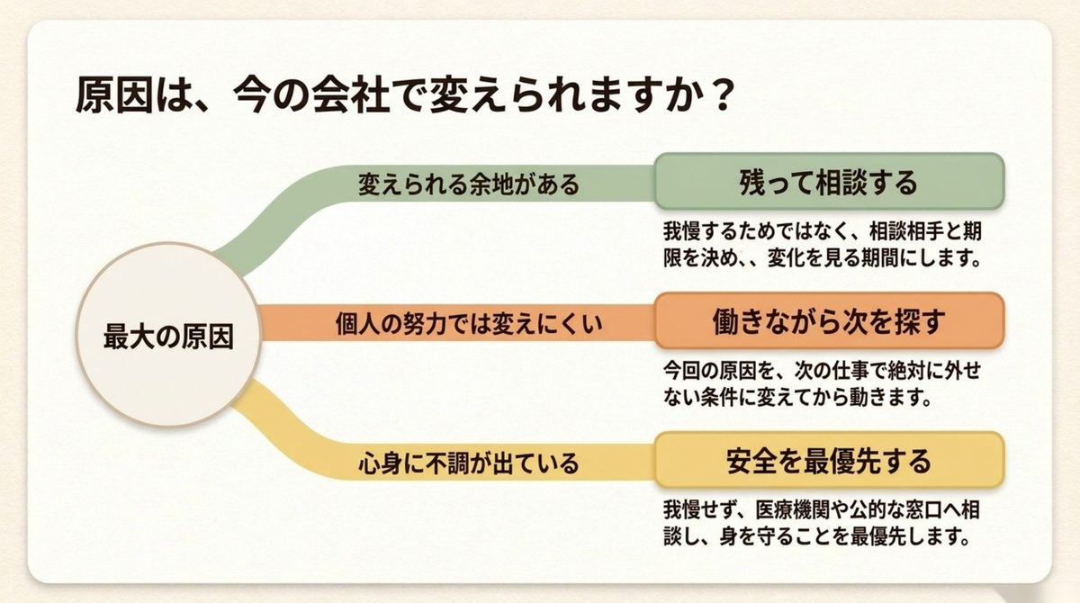 残って相談する・働きながら次を探す・安全を優先する分岐図