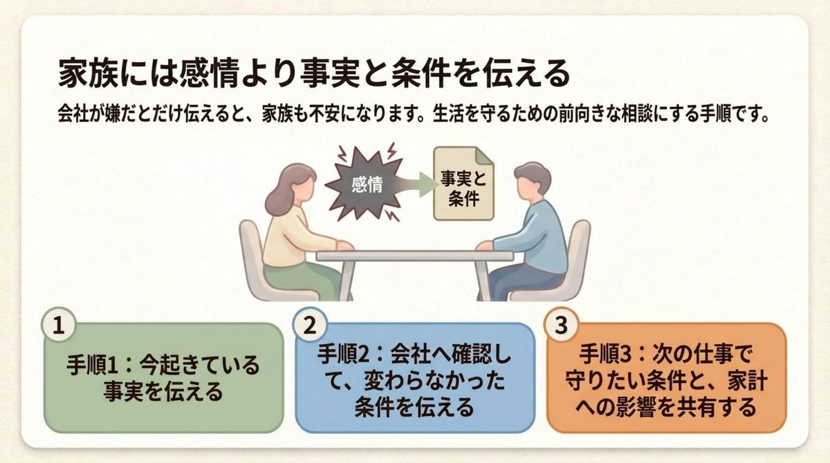 家族へ感情ではなく事実・変わらなかった条件・家計影響を伝える手順図