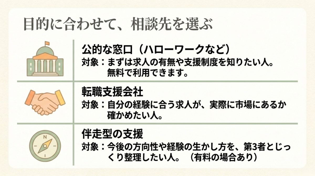 ハローワーク・転職支援会社・伴走型支援の使い分け図