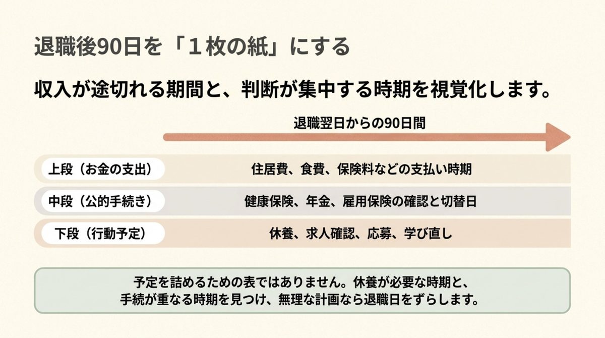 50代の退職|退職後90日を1枚の紙にする 退職後90日の支出と公的手続きと行動予定を一枚に並べた図