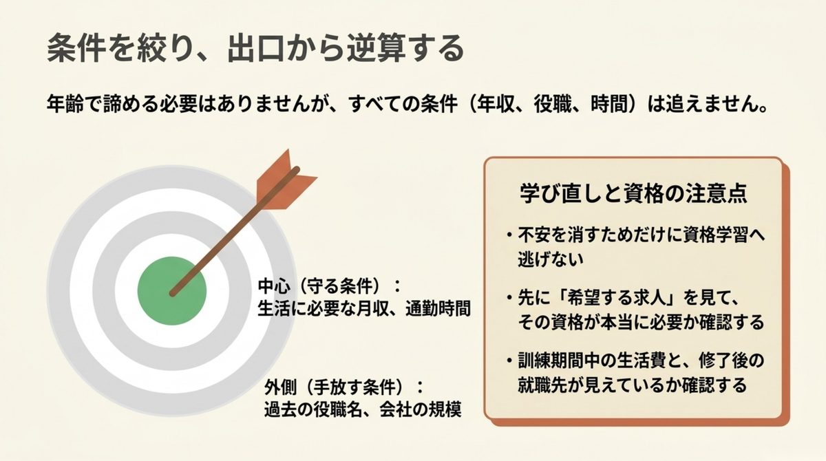 50代の退職|条件を絞り出口から逆算する 守る条件を中心に置き手放す条件を外側に置く的の図