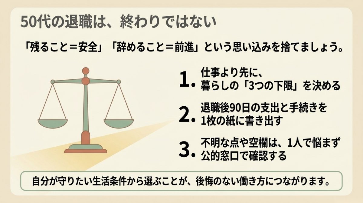 50代の退職|退職は終わりではない 暮らしの3つの下限と90日の書き出しと公的窓口での確認という3手順