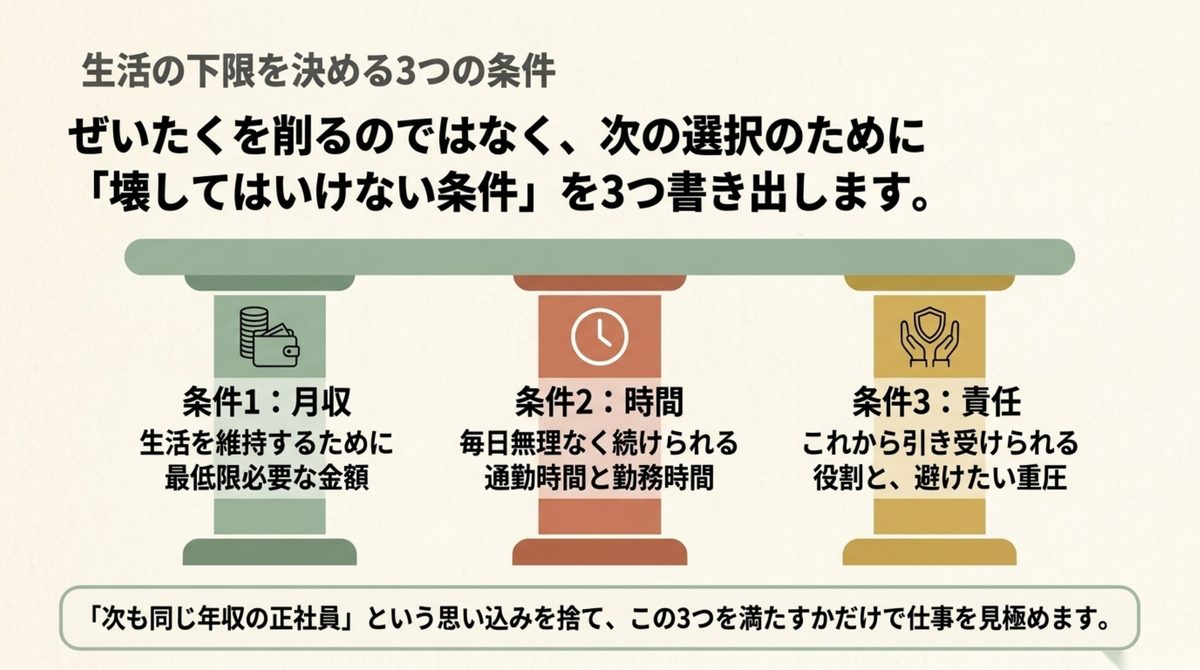 50代の退職|生活の下限を決める3つの条件 月収と時間と責任という生活の下限を決める3条件の図