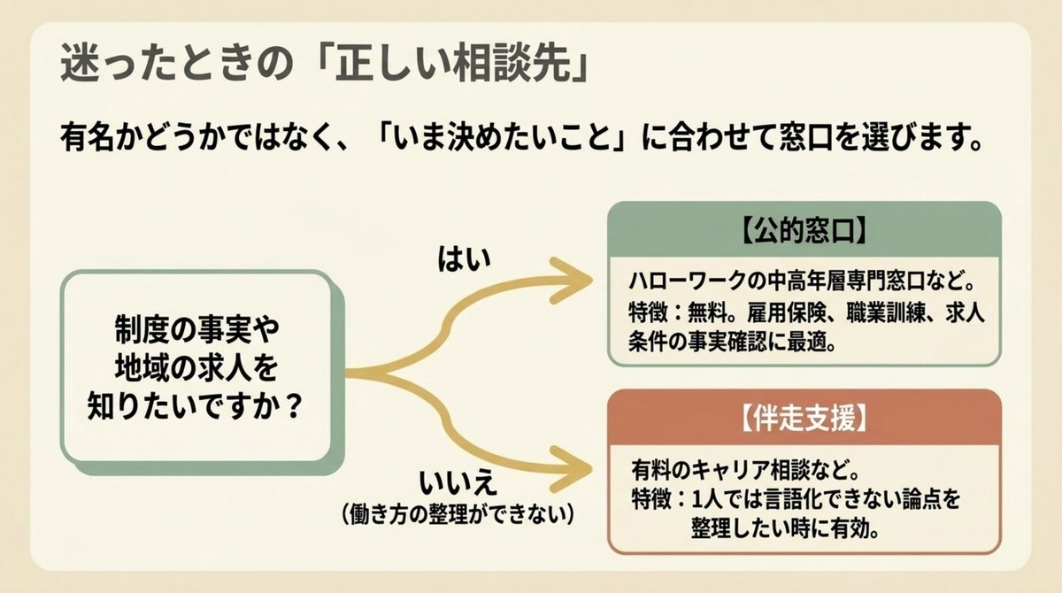 50代の退職|迷ったときの相談先の選び方 公的窓口と有料の伴走支援を目的で使い分ける分岐図