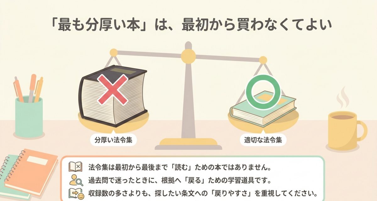 六法全書を最初に買わなくていい理由|行政書士の六法おすすめ3選【2026年】 行政書士の法令集は分厚さより条文への戻りやすさで選ぶことを示す図解