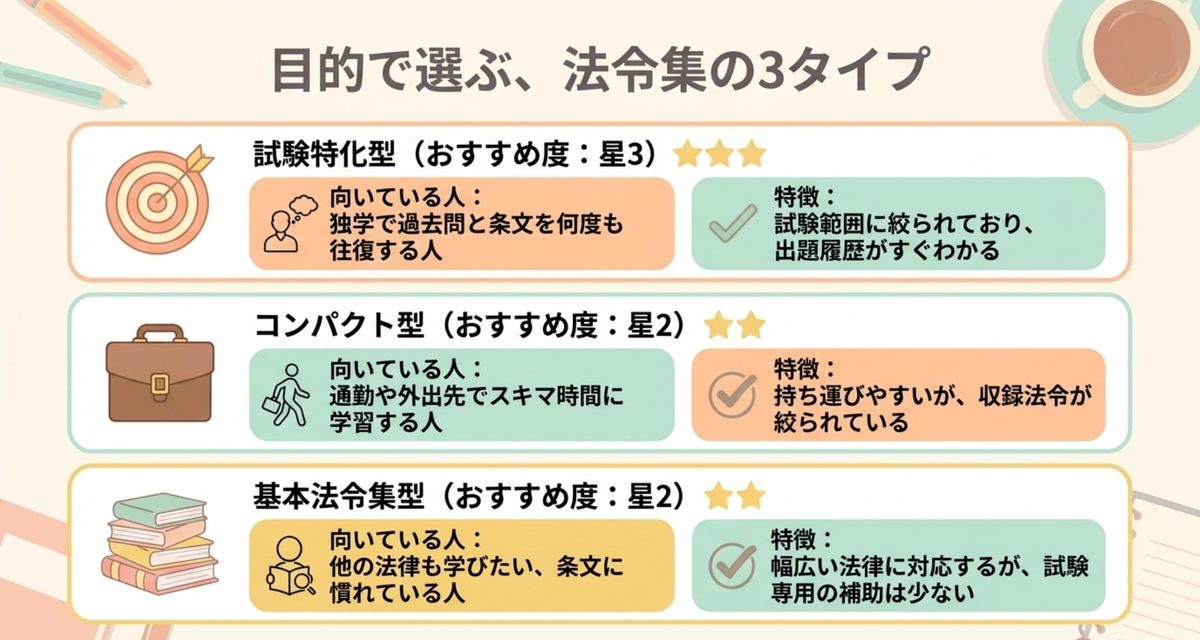2026年に選びやすい3冊|行政書士の六法おすすめ3選【2026年】 行政書士向け法令集を試験特化型・コンパクト型・基本法令集型に分けた比較図
