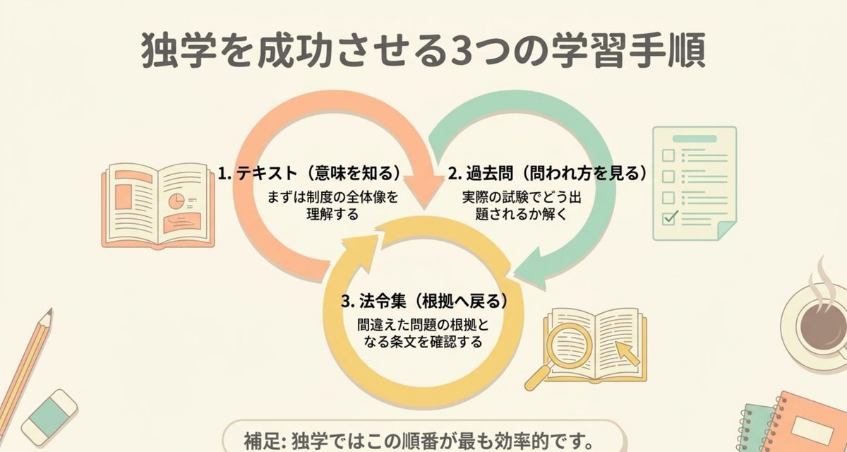 六法はテキストの代わりにはならない|行政書士の六法おすすめ3選【2026年】 行政書士独学でテキスト・過去問・法令集を使う順番を示す図解