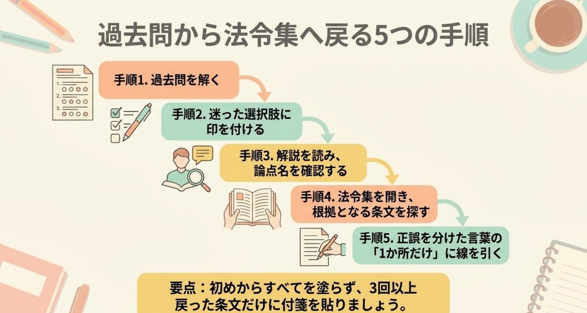 過去問から六法へ戻る5ステップ|行政書士の六法おすすめ3選【2026年】 行政書士の過去問から法令集の条文へ戻る5ステップを示す図解