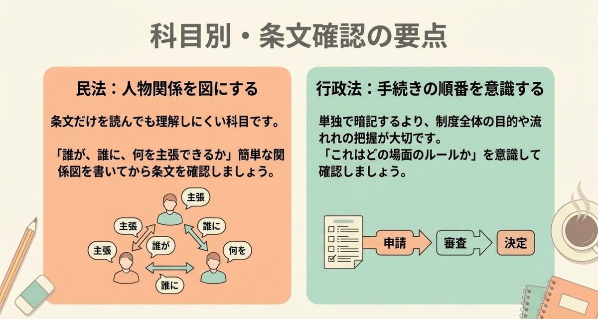 民法と行政法では六法の使い方を少し変える|行政書士の六法おすすめ3選【2026年】 行政書士の民法と行政法で条文確認のポイントが異なることを示す図解