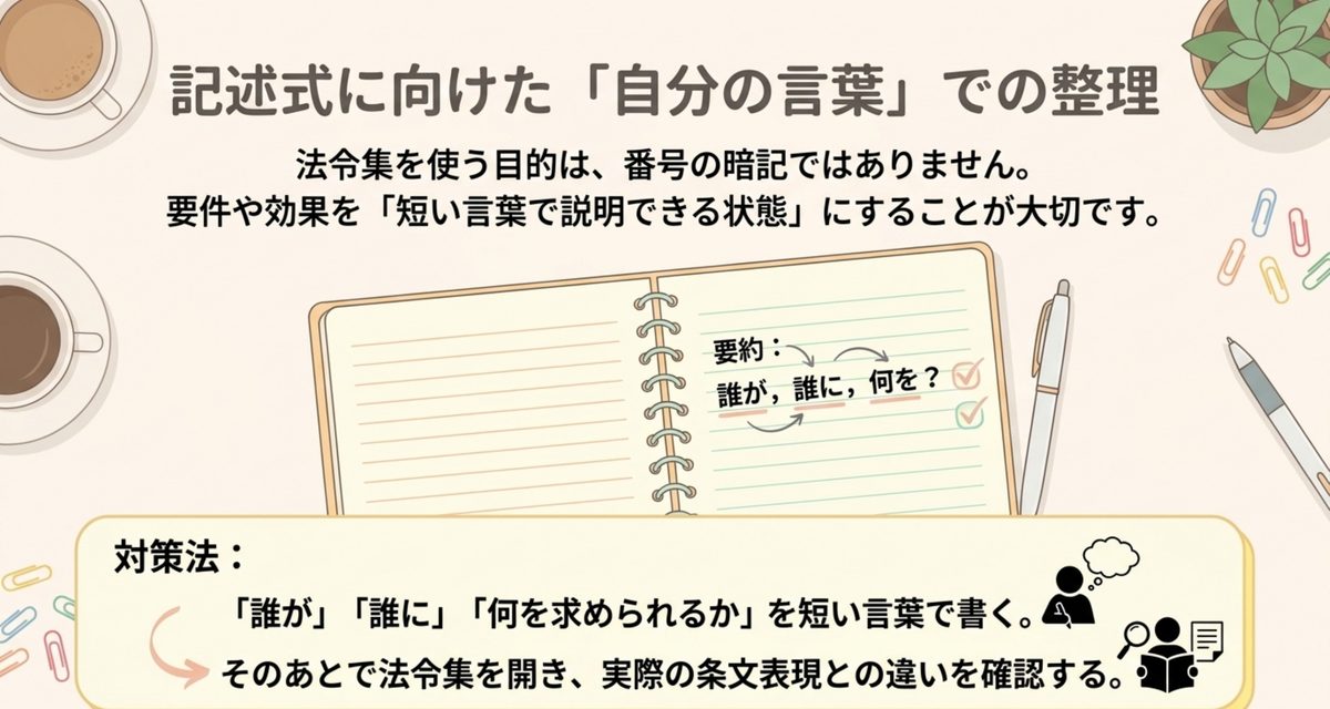 記述式では条文の言葉を使える状態にする|行政書士の六法おすすめ3選【2026年】 行政書士記述式に向けて条文の要件や効果を自分の言葉で整理する方法の図解