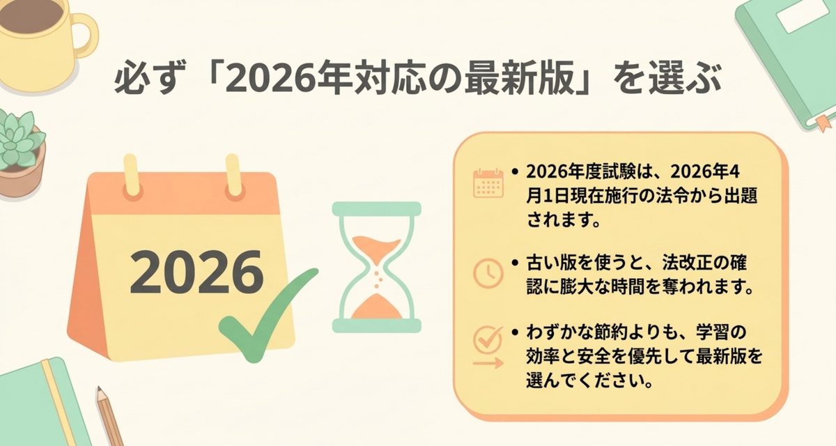 中古や前年版を使う前に確認すること|行政書士の六法おすすめ3選【2026年】 行政書士試験の法令集は2026年対応の最新版を選ぶことを示す図解
