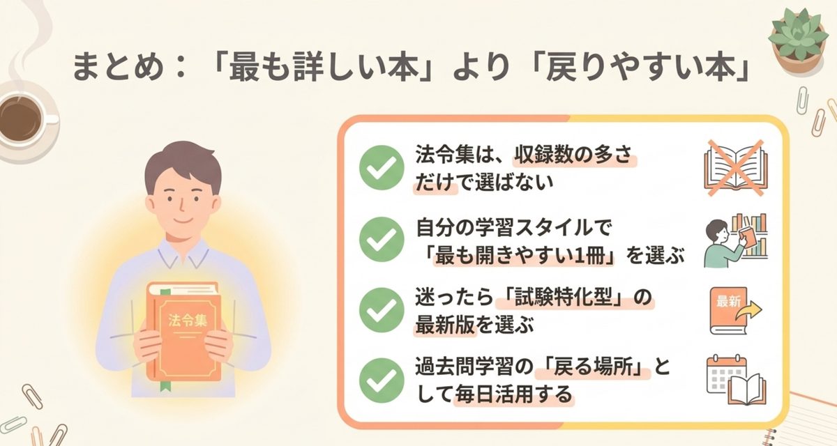 まとめ|六法は「一番詳しい本」より「戻りやすい本」を選ぶ|行政書士の六法おすすめ3選【2026年】 行政書士の法令集は詳しさより戻りやすさを重視するというまとめ図解