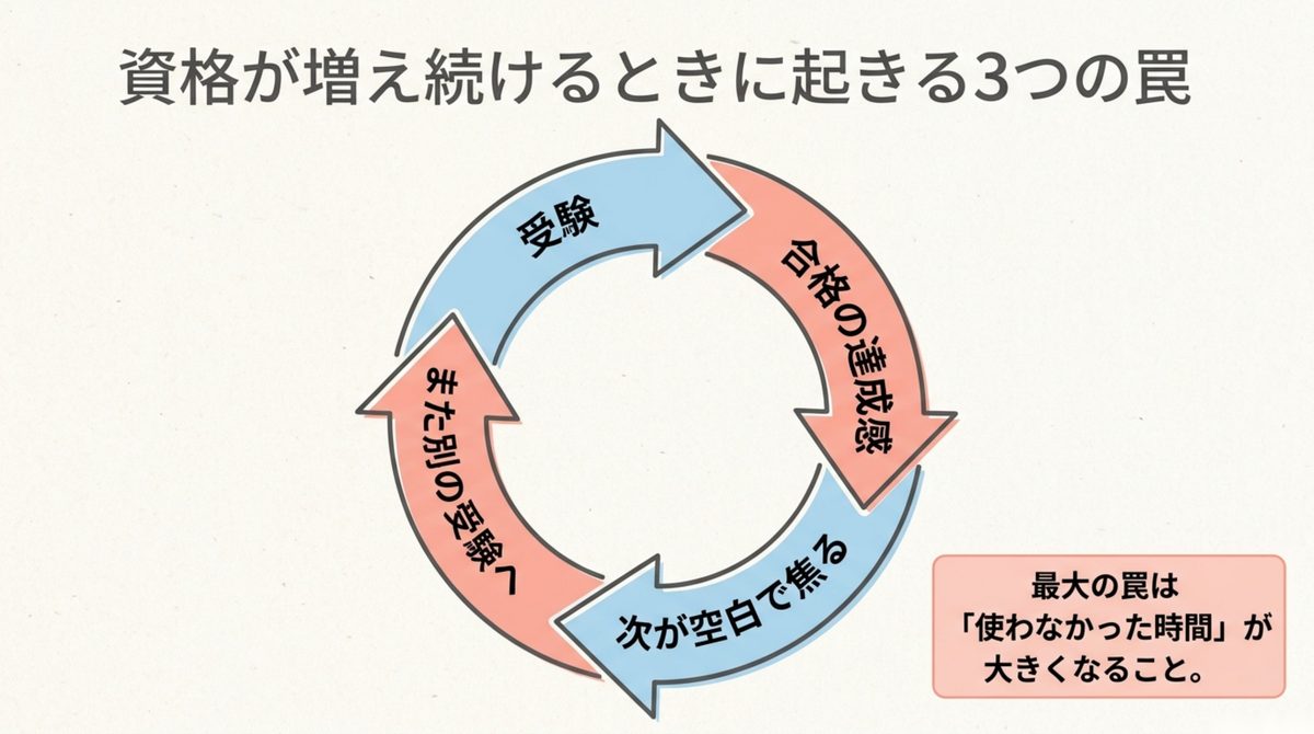 資格が増え続ける3つの罠を示す循環図