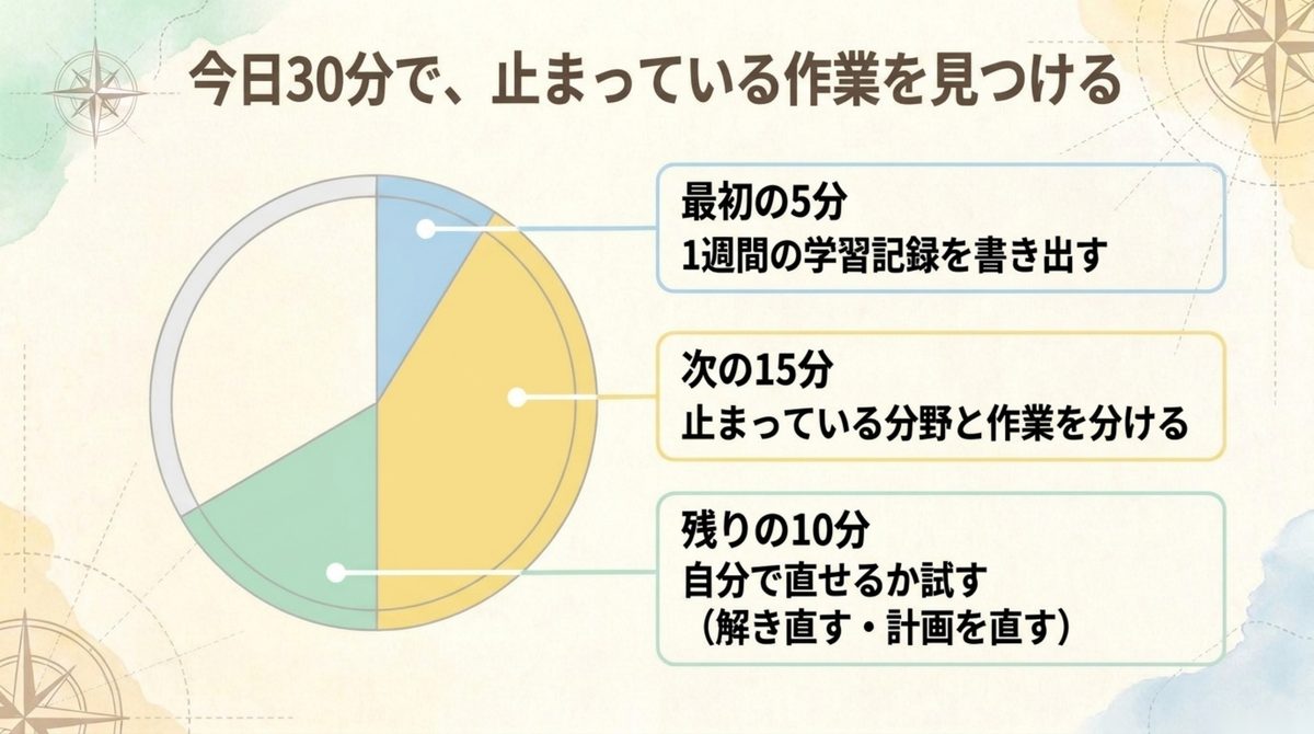今日30分で、止まっている作業を見つける 簿記1級の学習で止まっている作業を30分で見つける手順