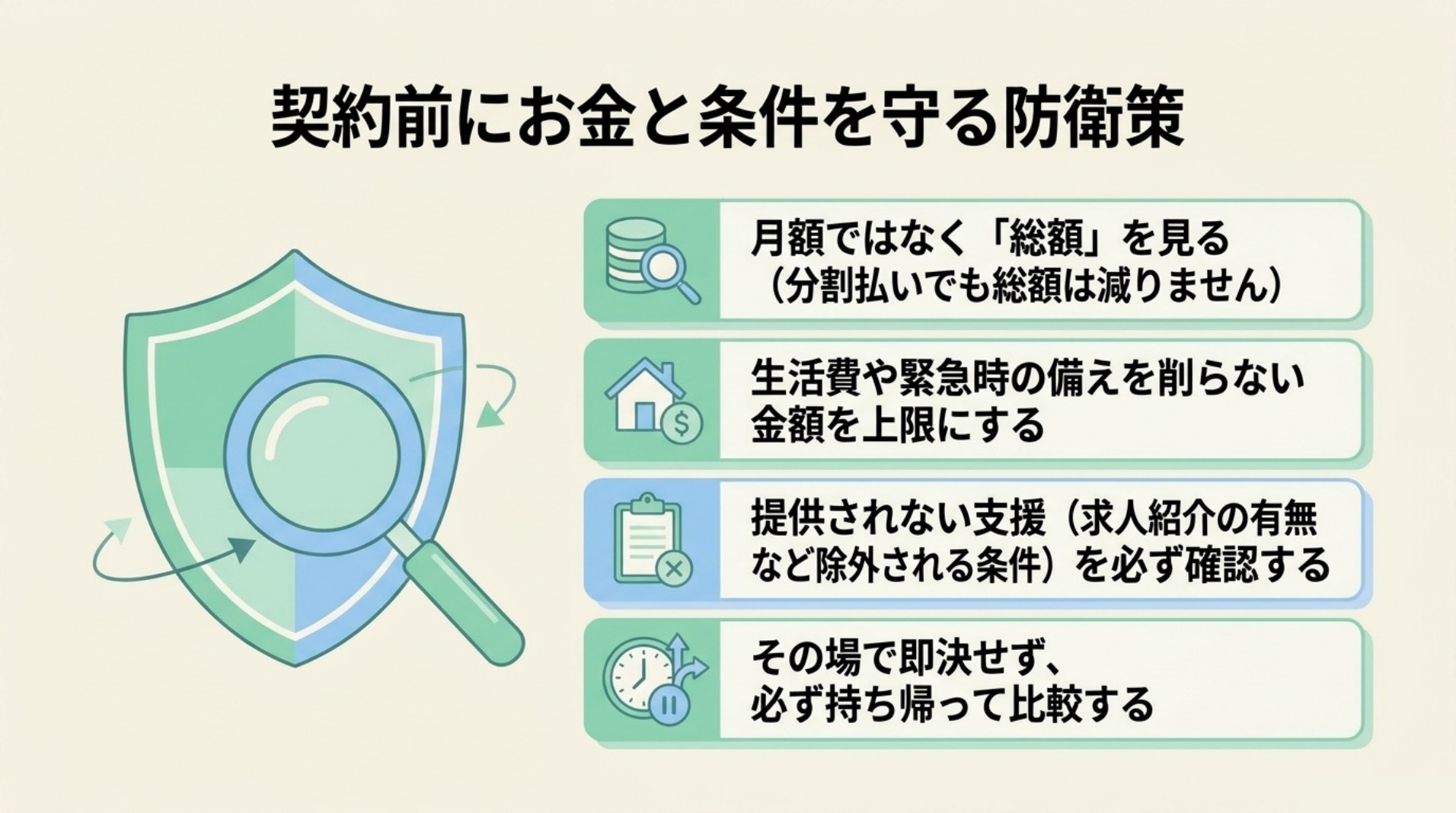 月額ではなく総額、生活費を削らない上限、提供されない支援、持ち帰って比較の4点を確認する図解