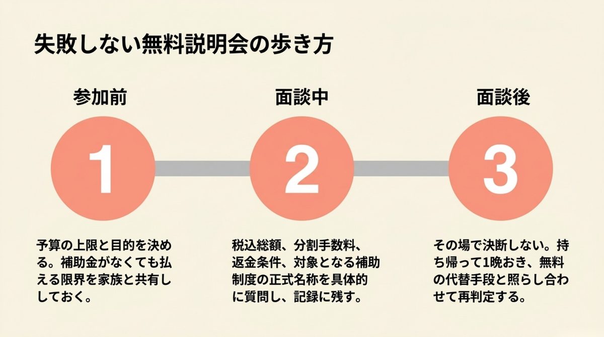 キャリア支援選び|無料説明会の進め方3ステップ 無料説明会の参加前と面談中と面談後の3段階の手順図