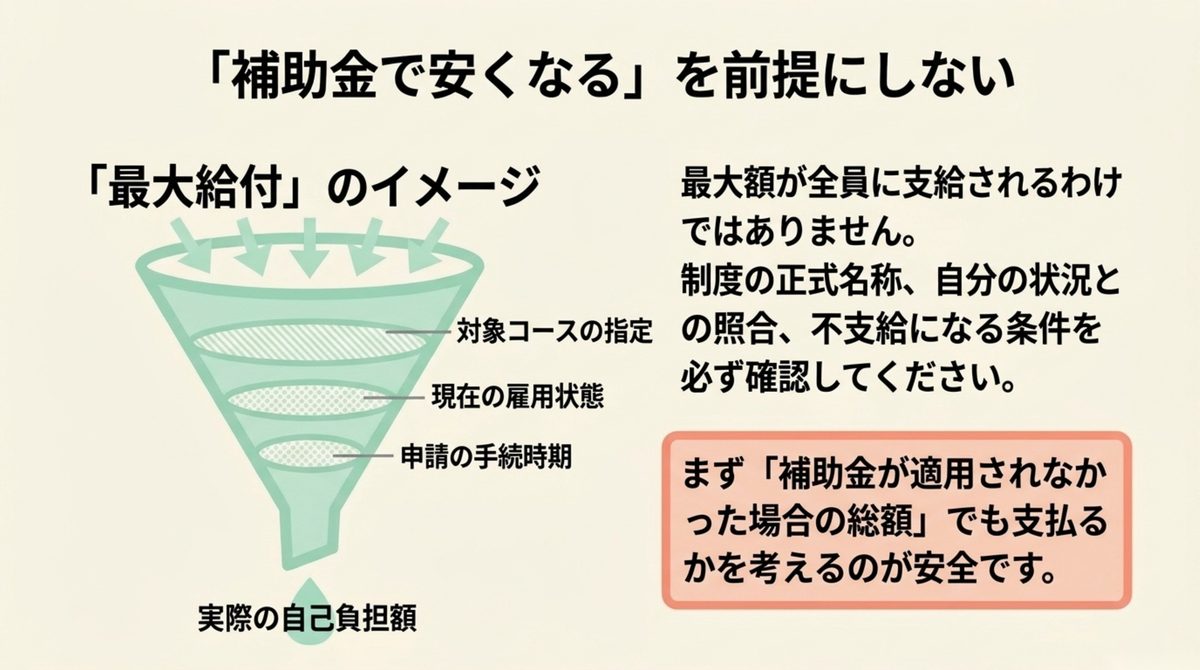 キャリア支援選び|補助金で安くなる前提にしない 補助金の最大給付額と実際の自己負担額の差を示す図