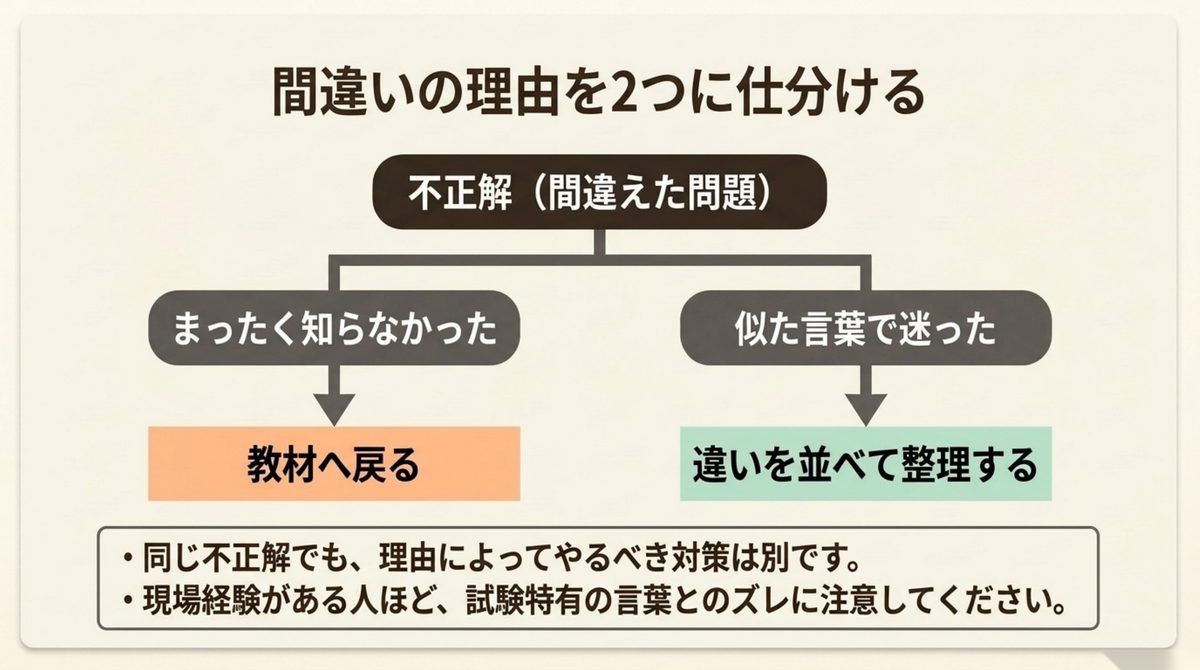 調理師試験の間違いを2つに分ける 調理師試験の不正解を知らなかった場合と似た言葉で迷った場合に分けて復習する図